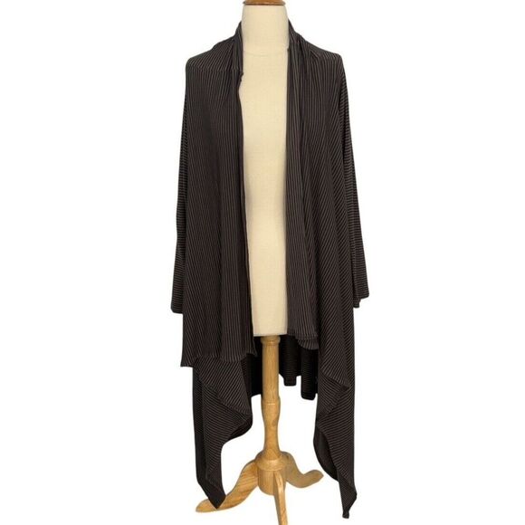 Bryn Walker Size L Long Open Cardigan Belted Black Gray Stripe Lagenlook Stretch - Picture 4 of 13